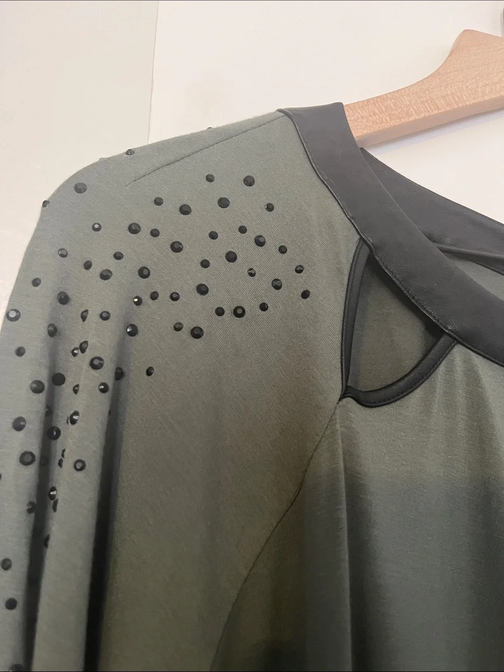 Belle Susan Gravel Olive Green Embellished Cut Out Faux Leather Trim Tunic Top